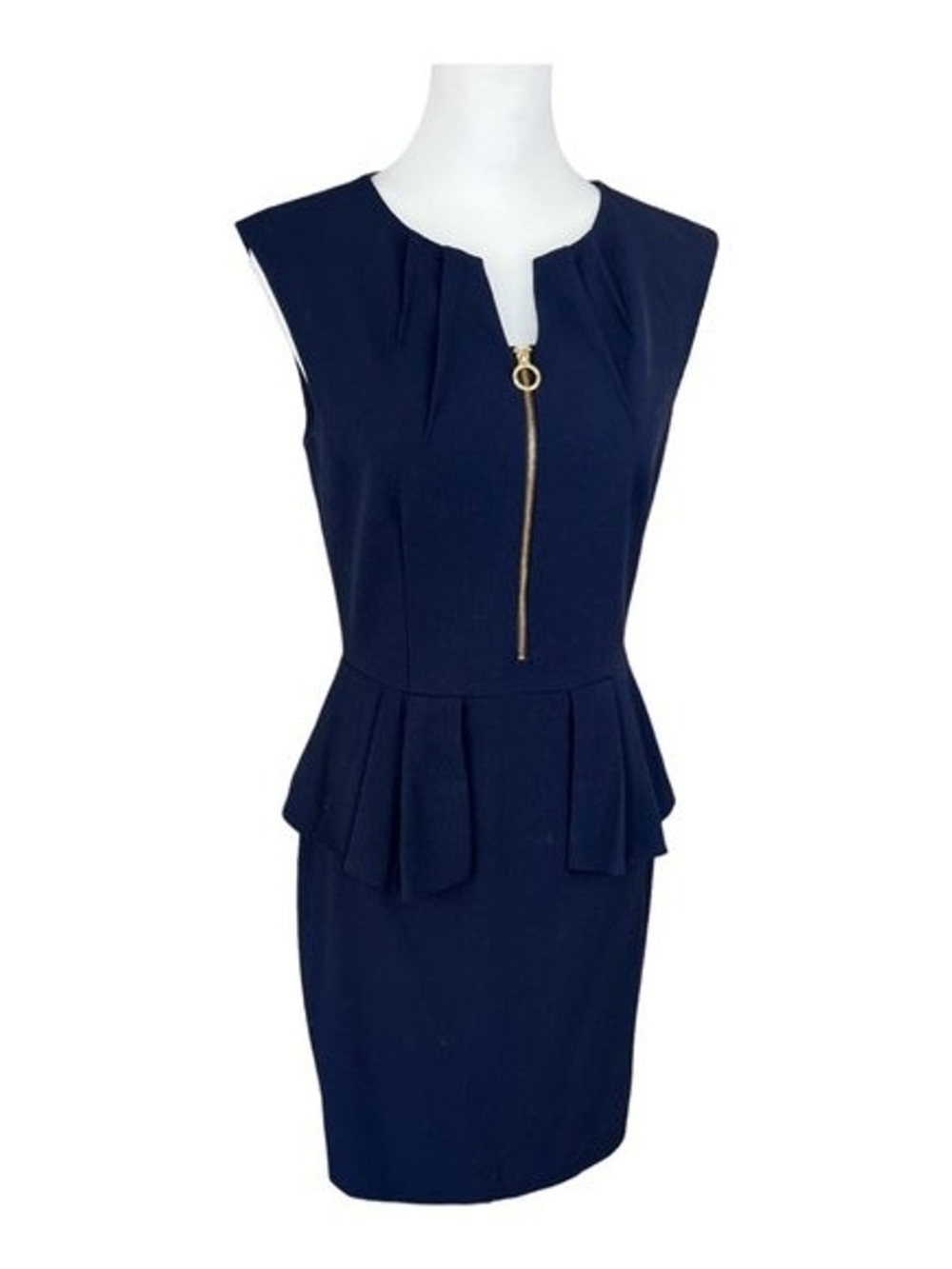 Tahari Navy Peplum Sheath Dress with Gold Zip Pull